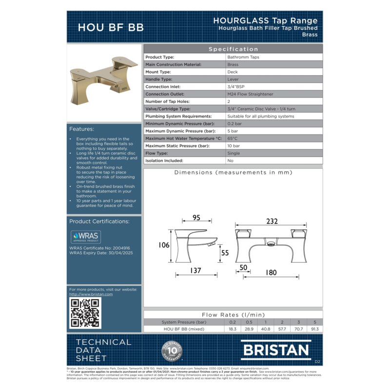 Bristan Hourglass Brushed Brass Bath Filler Tap