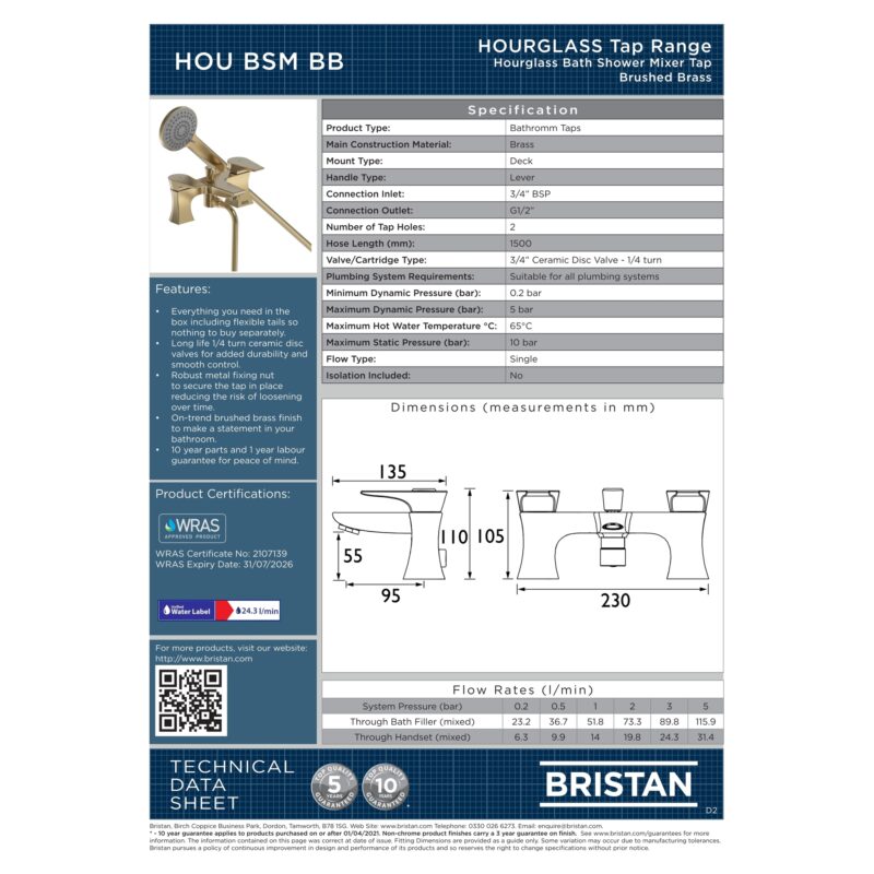 Bristan Hourglass Brushed Brass Bath Shower Mixer Tap