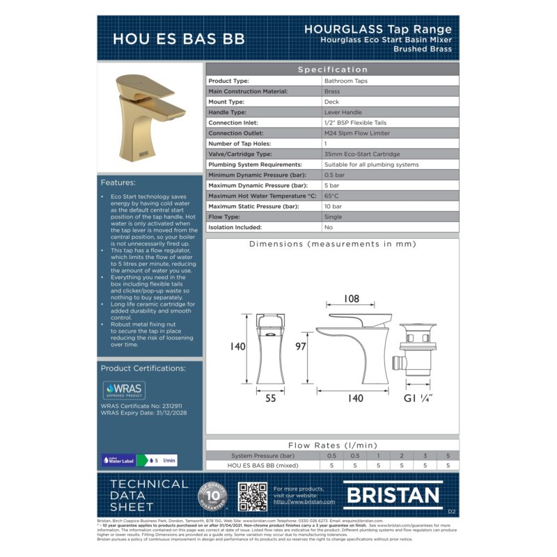 Bristan Hourglass Brushed Brass Eco Start Basin Mixer Tap with Clicker Waste