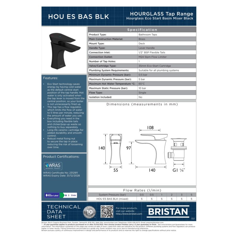 Bristan Hourglass Eco Start Matt Black Basin Mixer Tap with Clicker Waste