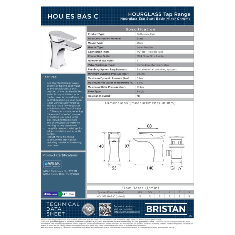 Bristan Hourglass Eco Start Chrome Basin Mixer Tap with Clicker Waste