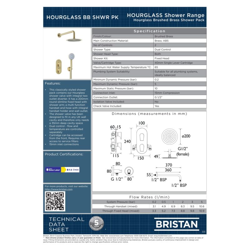Bristan Hourglass Concealed Dual Control Shower Pack Brushed Brass