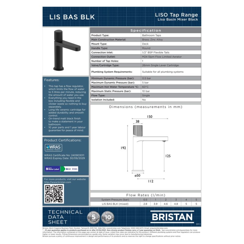 Bristan Liso Matt Black Basin Mixer Tap with Clicker Waste