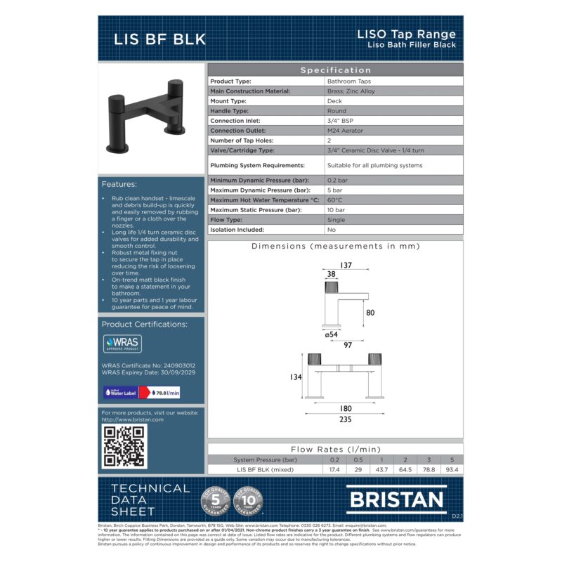 Bristan Liso Matt Black Bath Filler Tap