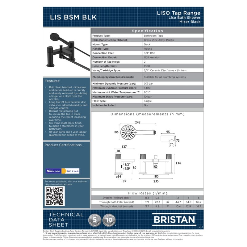 Bristan Liso Matt Black Bath Shower Mixer Tap