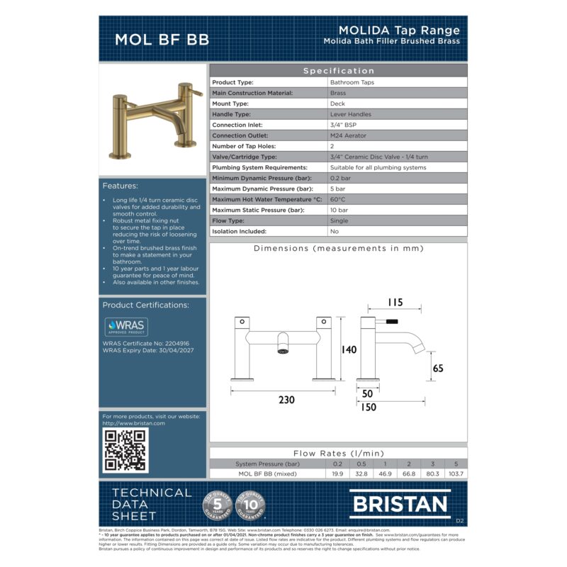 Bristan Molida Brushed Brass Bath Filler Tap