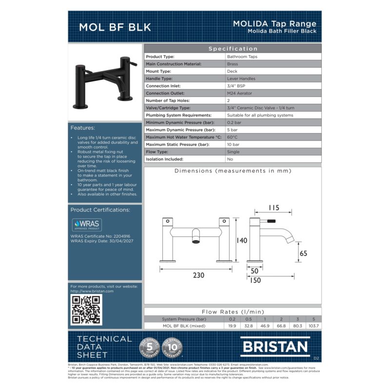 Bristan Molida Matt Black Bath Filler Tap