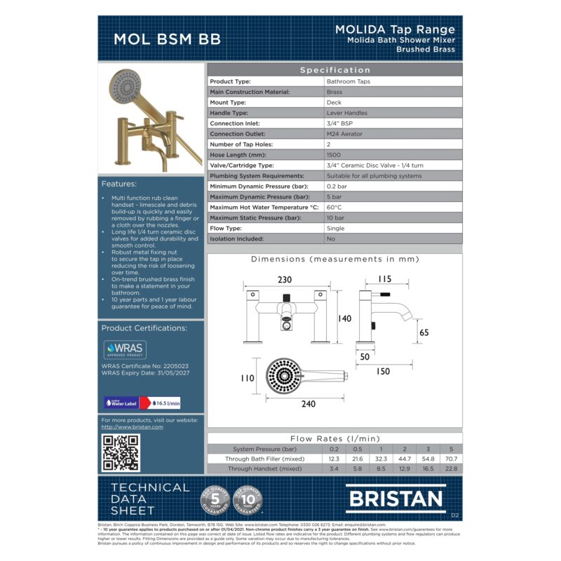 Bristan Molida Brushed Brass Bath Shower Mixer Tap