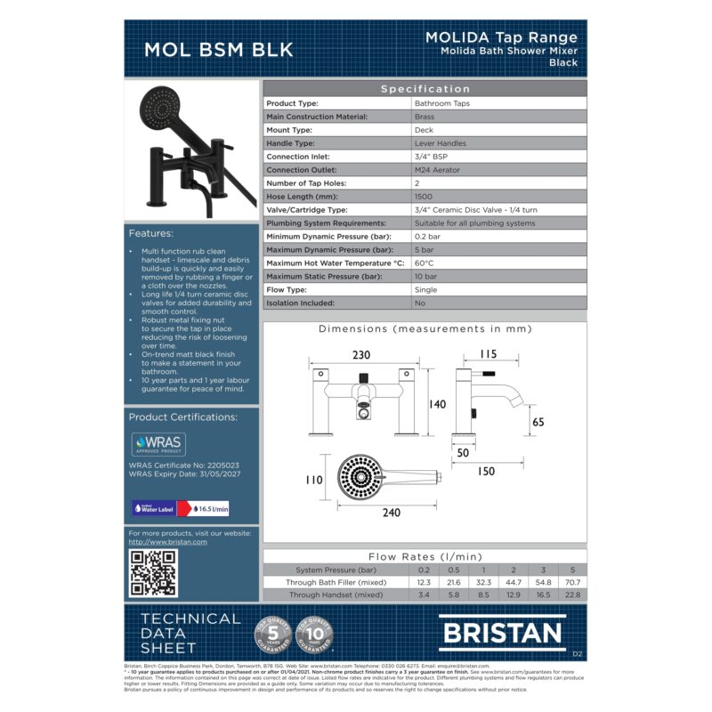 Bristan Molida Matt Black Bath Shower Mixer Tap