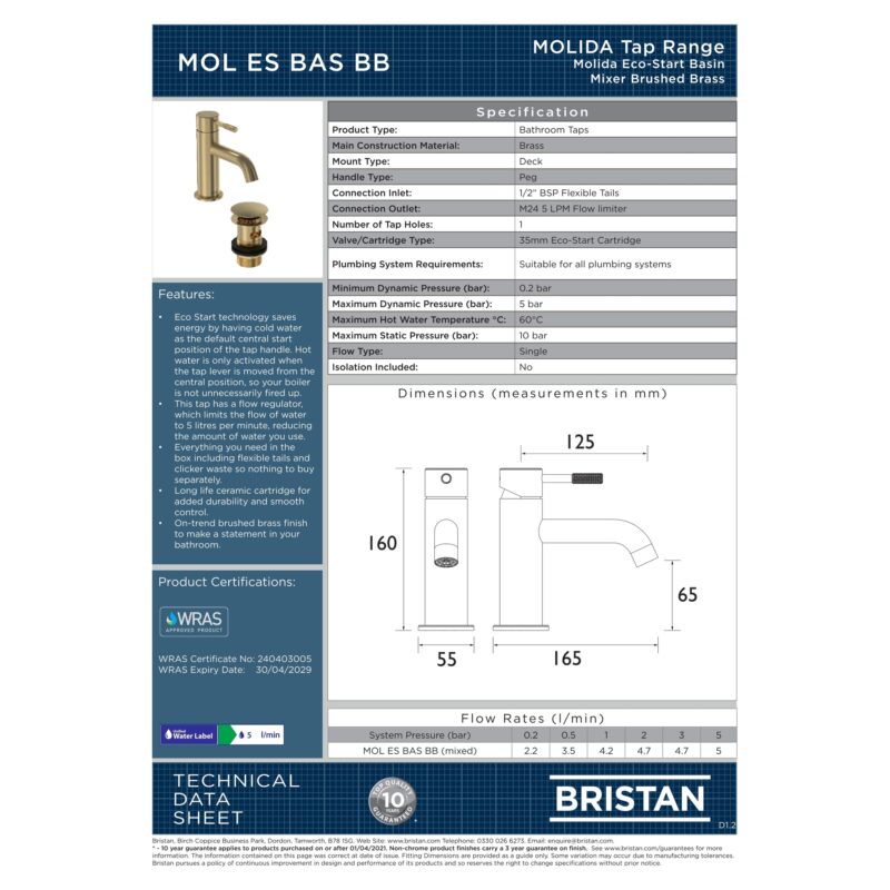 Bristan Molida Brushed Brass Eco Start Basin Mixer Tap