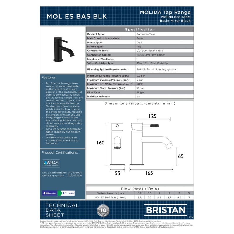 Bristan Molida Eco Start Matt Black Basin Mixer Tap