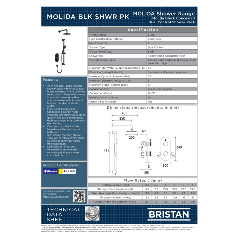 Bristan Molida Concealed Thermostatic Two Outlet Shower Pack Black