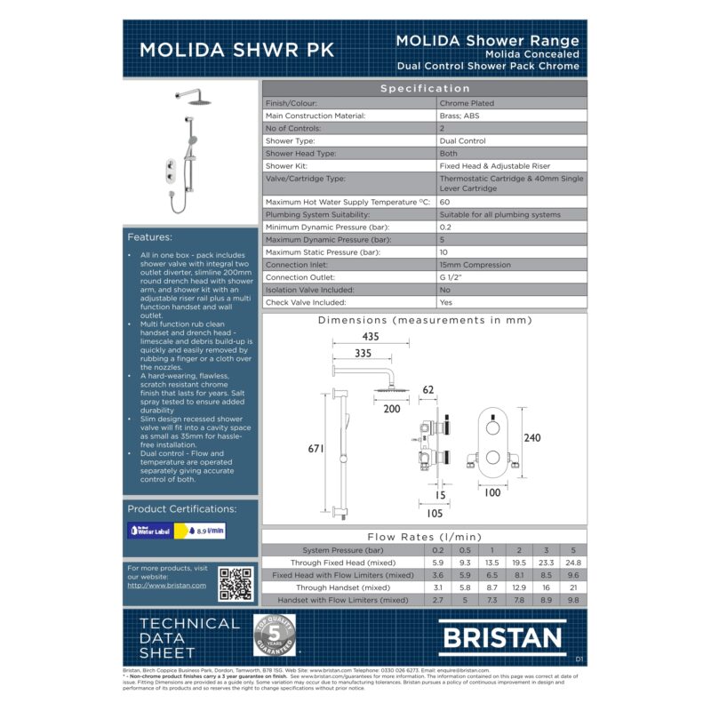Bristan Molida Concealed Thermostatic Two Outlet Shower Pack Chrome