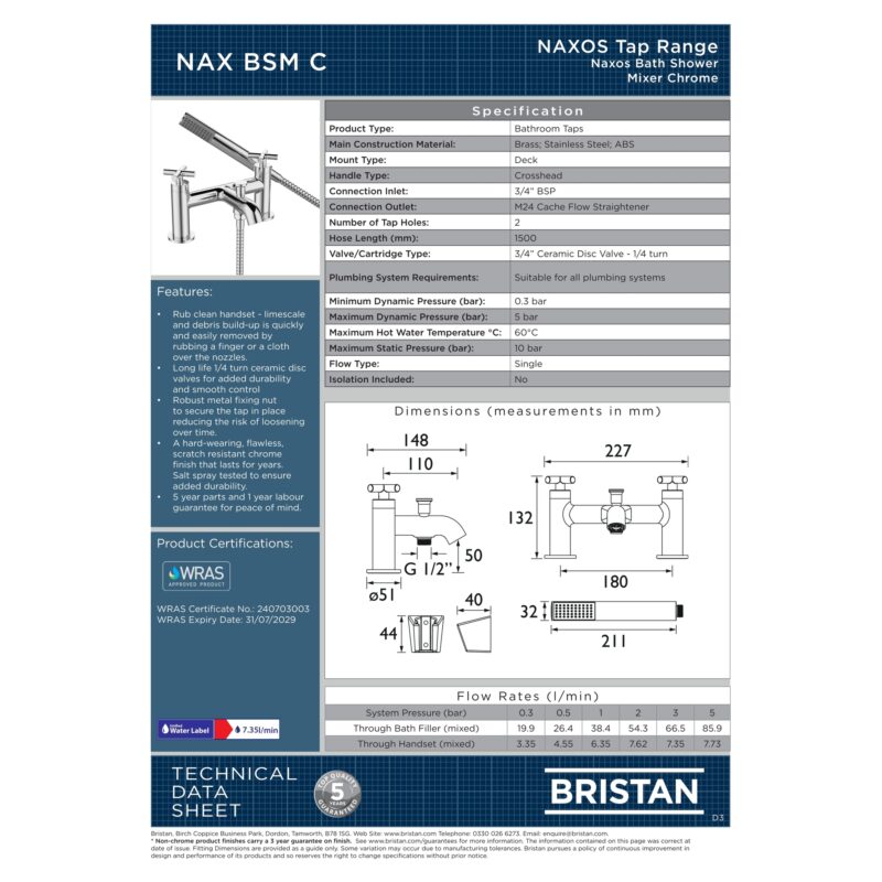 Bristan Naxos Chrome Bath Shower Mixer Tap