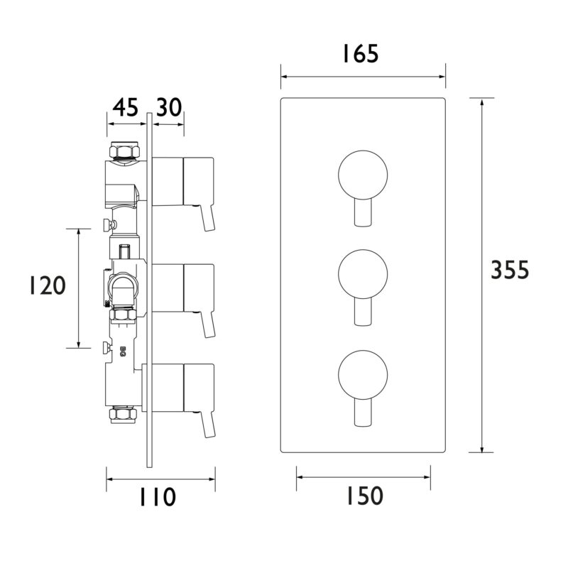 Bristan Prism Concealed Thermostatic 3 Control Shower Valve, 2 Outlets