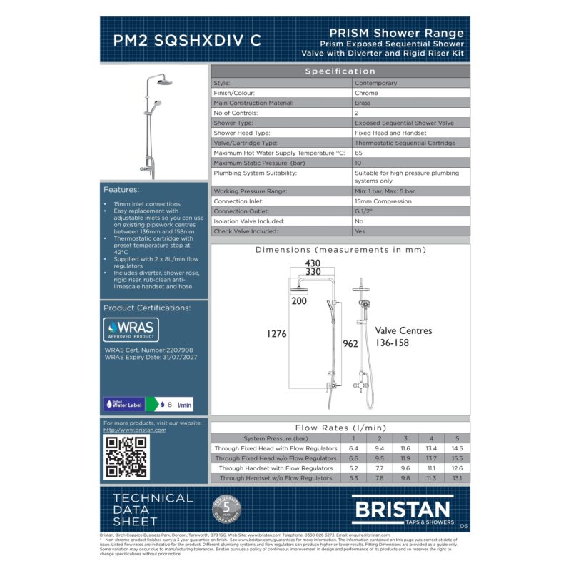 Bristan Prism Exposed Single Control Shower with Rigid Riser