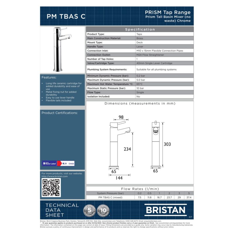 Bristan Prism Tall Basin Mixer without Waste