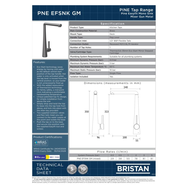 Bristan Pine Easyfit Sink Mixer Tap Gunmetal