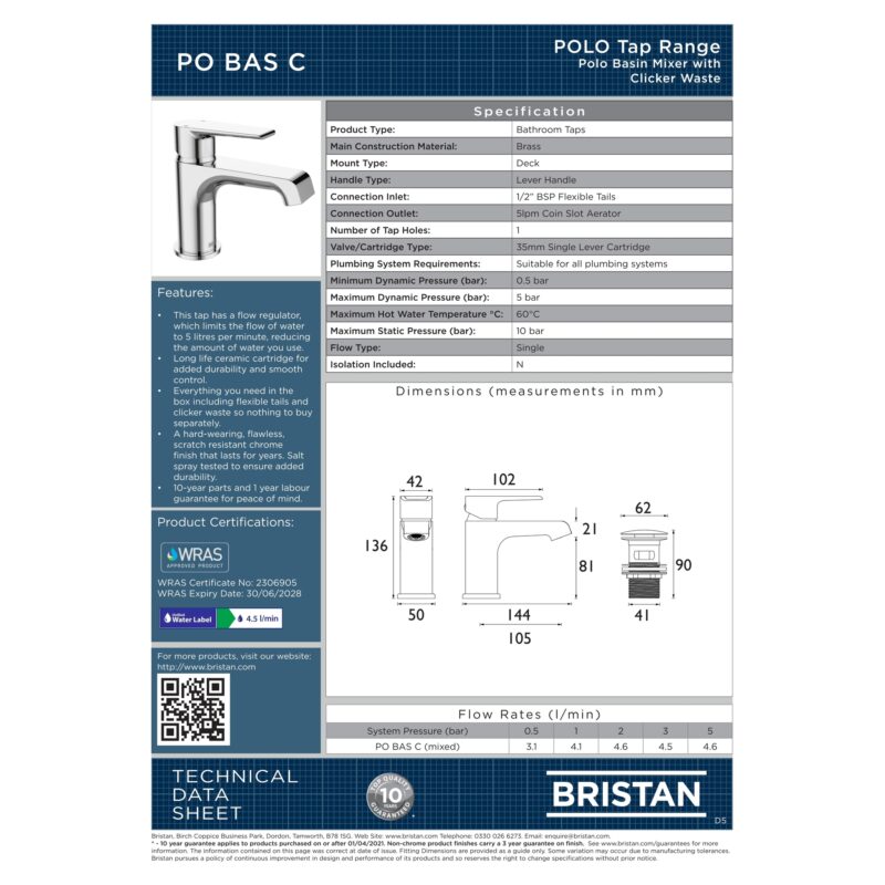 Bristan Polo Basin Mixer Tap with Clicker Waste