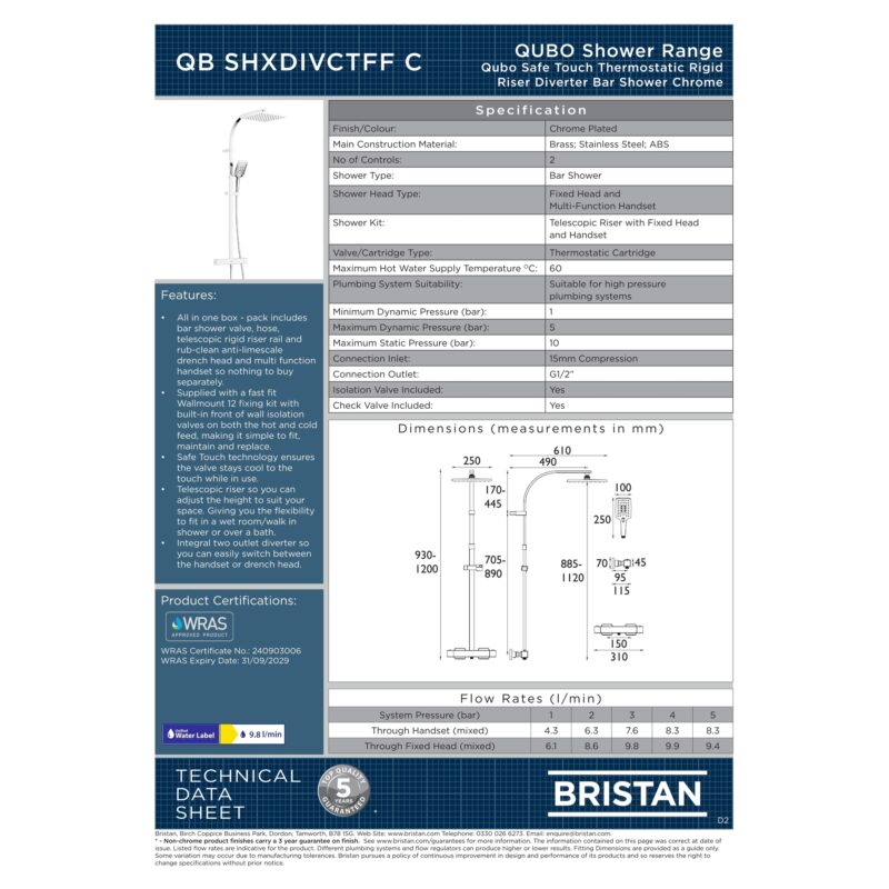 Bristan Qubo Thermostatic Shower with Rigid Riser Chrome