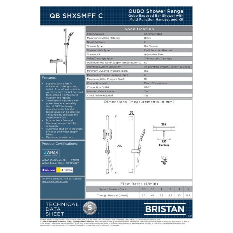 Bristan Qubo Thermostatic Bar Shower with Handset Chrome