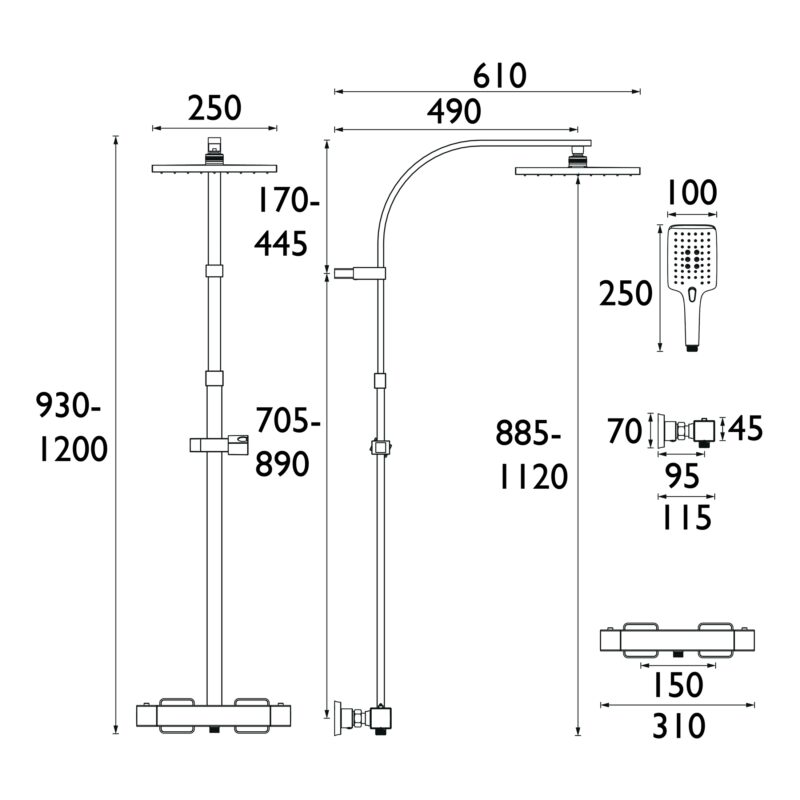 Bristan Quadrato Thermostatic Bar Shower with Rigid Riser Brushed Brass