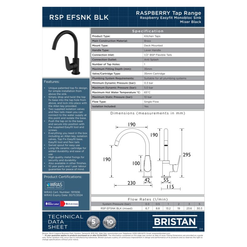 Bristan Raspberry Easyfit Sink Mixer Tap Black