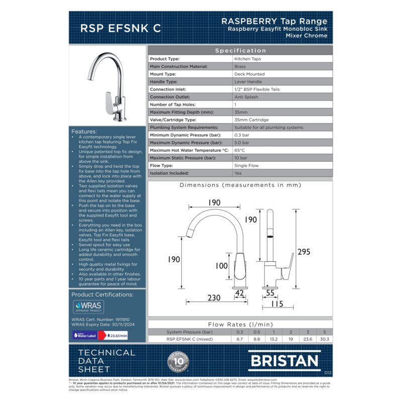 Bristan Raspberry Easyfit Sink Mixer Tap Chrome