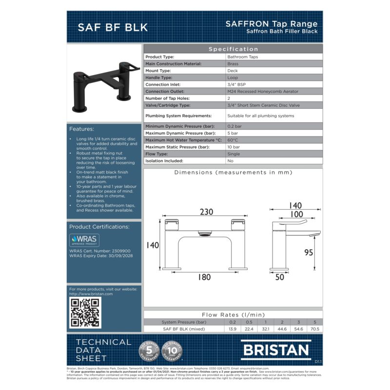 Bristan Saffron Matt Black Bath Filler Tap