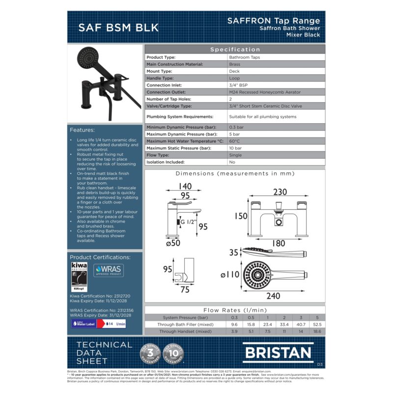 Bristan Saffron Matt Black Bath Shower Mixer Tap