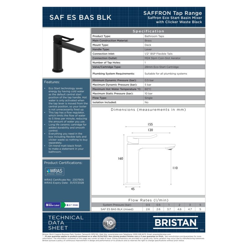 Bristan Saffron Eco Start Matt Black Basin Mixer Tap with Clicker Waste