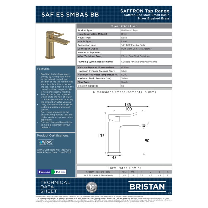Bristan Saffron Eco Start Small Basin Mixer Tap Brushed Brass