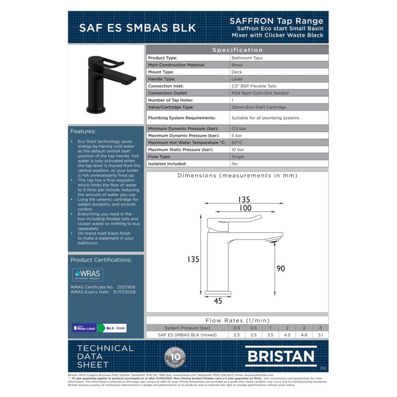 Bristan Saffron Eco Start Small Basin Mixer Tap with Clicker Waste Black
