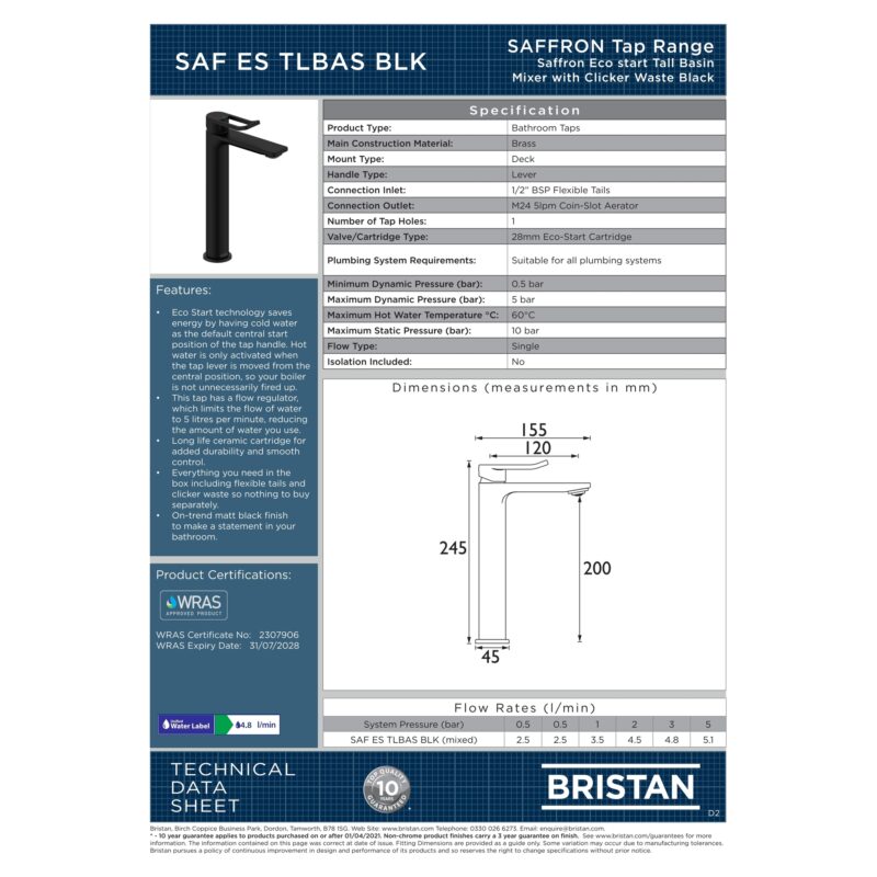 Bristan Saffron Eco Start Tall Basin Mixer with Clicker Waste Black