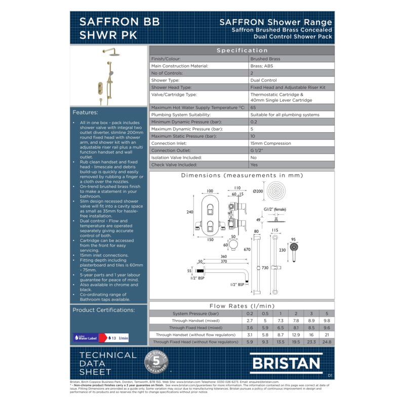 Bristan Saffron Concealed Dual Control Shower Pack Brushed Brass