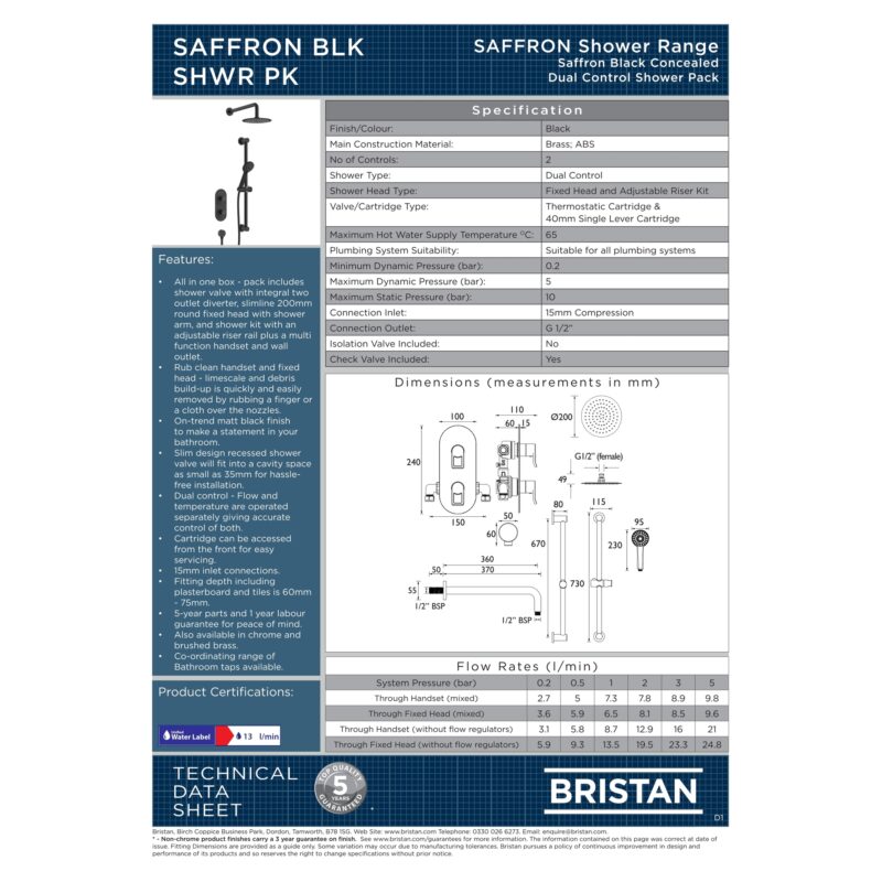 Bristan Saffron Concealed Dual Control Shower Pack Black