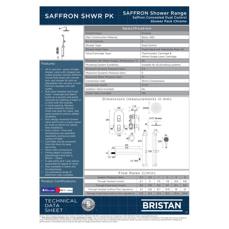 Bristan Saffron Concealed Dual Control Shower Pack Chrome