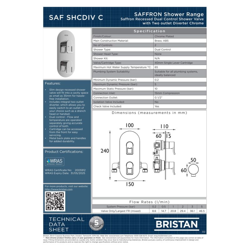 Bristan Saffron Recessed Concealed Shower Valve with Diverter Chrome