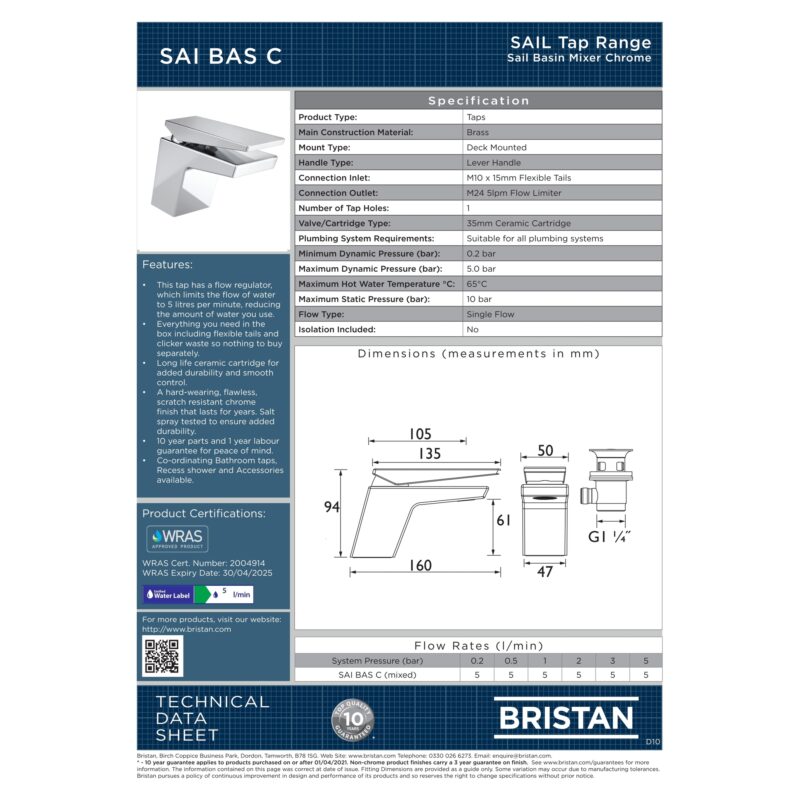 Bristan Sail Basin Mixer Tap with Clicker Waste