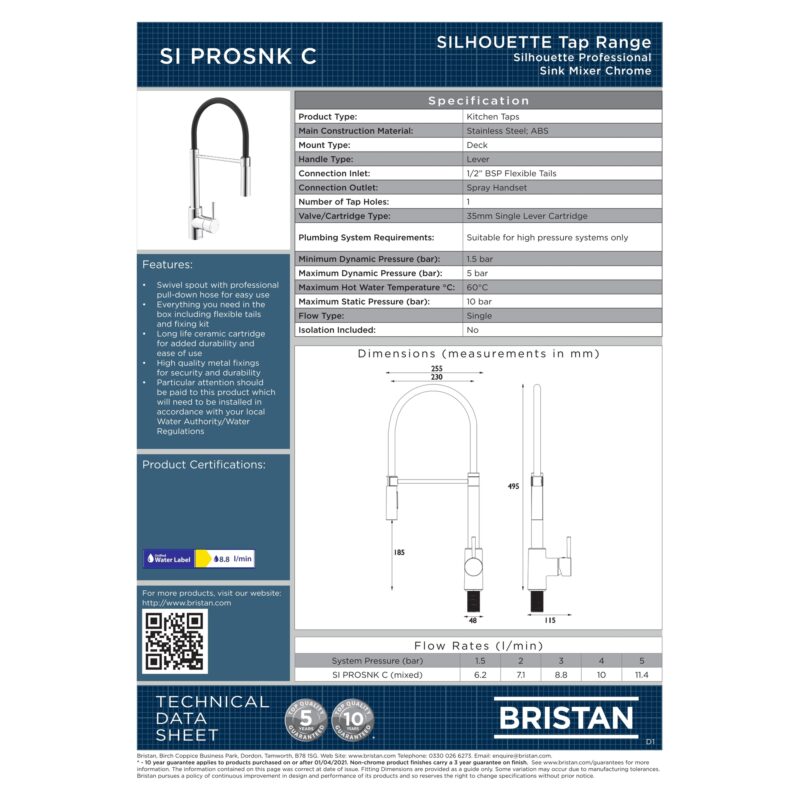 Bristan Silhouette Professional Sink Mixer with Pull-Down Hose