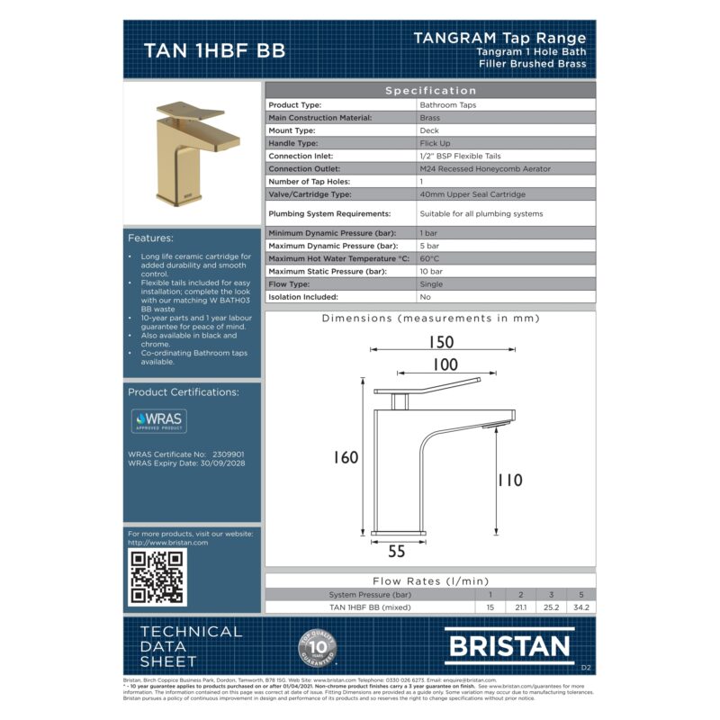 Bristan Tangram Mono Bath Filler Tap Brushed Brass