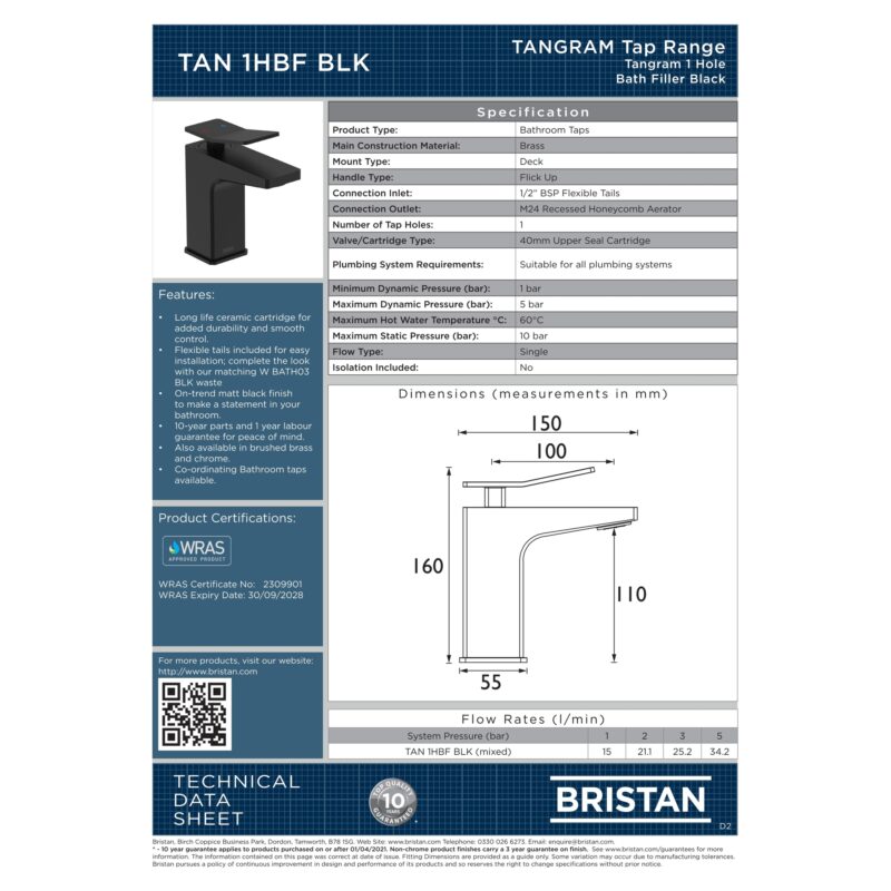 Bristan Tangram Mono Bath Filler Tap Black