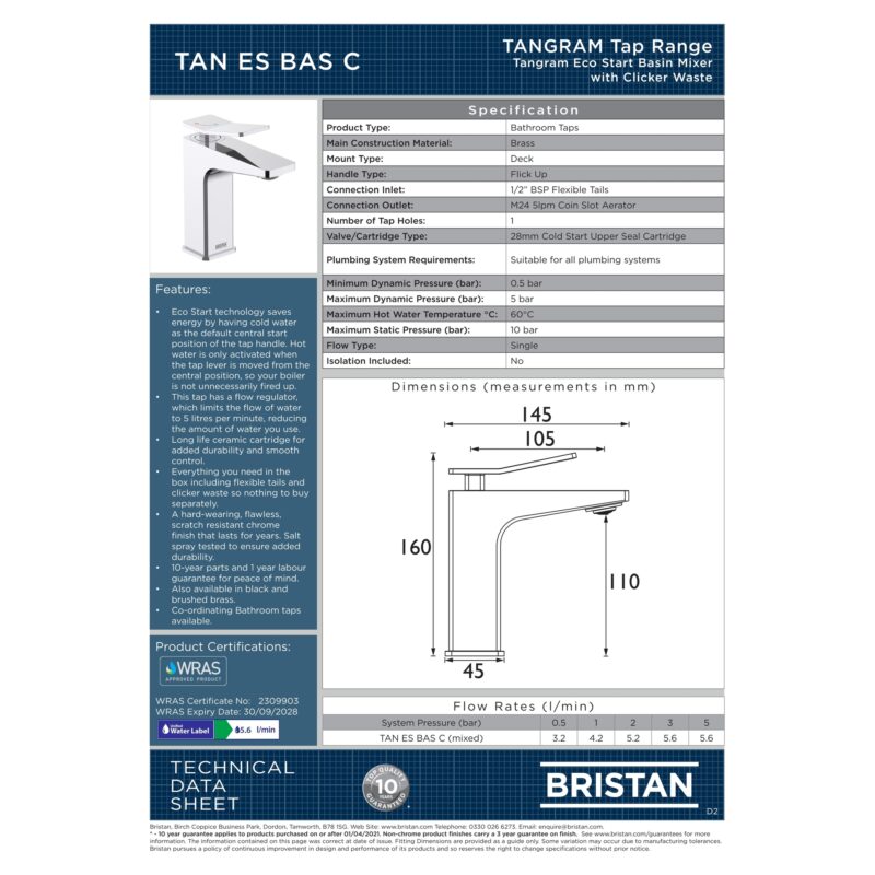 Bristan Tangram Eco Start Basin Mixer with Clicker Waste Chrome