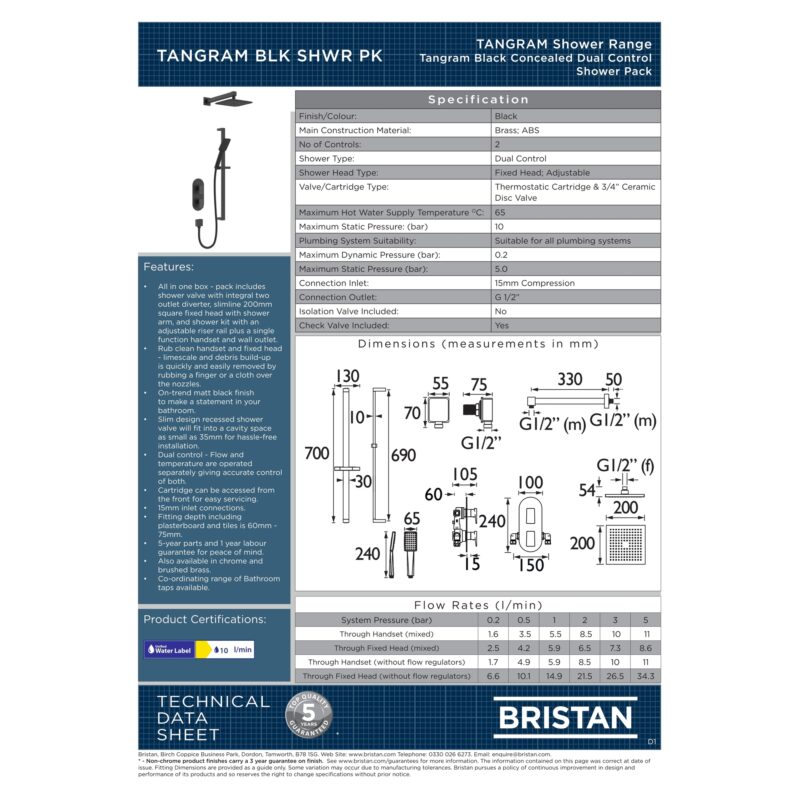 Bristan Tangram Concealed Dual Control Shower Pack Black