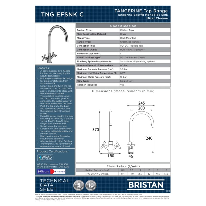 Bristan Tangerine Easyfit Sink Mixer Tap Chrome