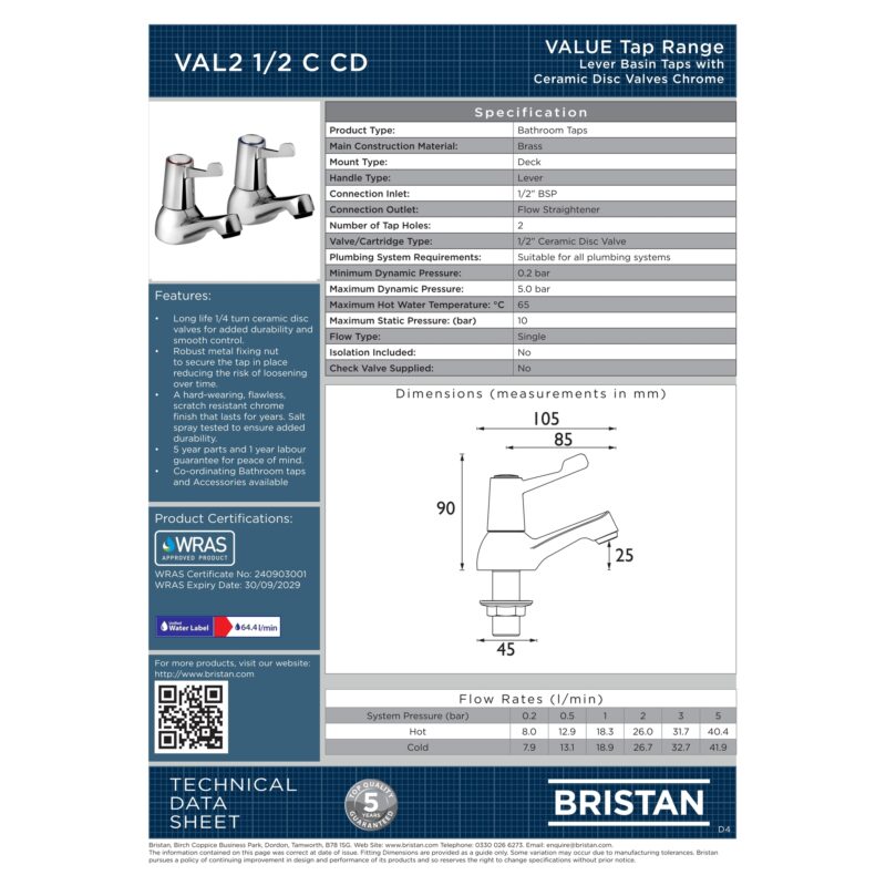 Bristan Lever Basin Taps with 3" (76mm) Levers