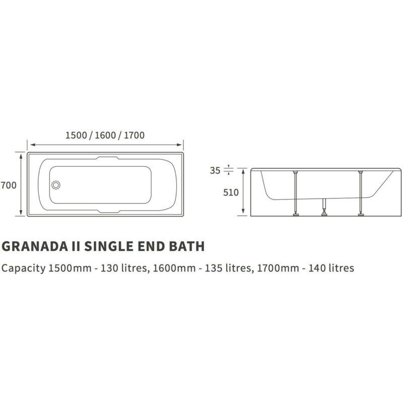 Bathrooms To Love Granada II Twin Grip 5mm 1600x700mm Bath
