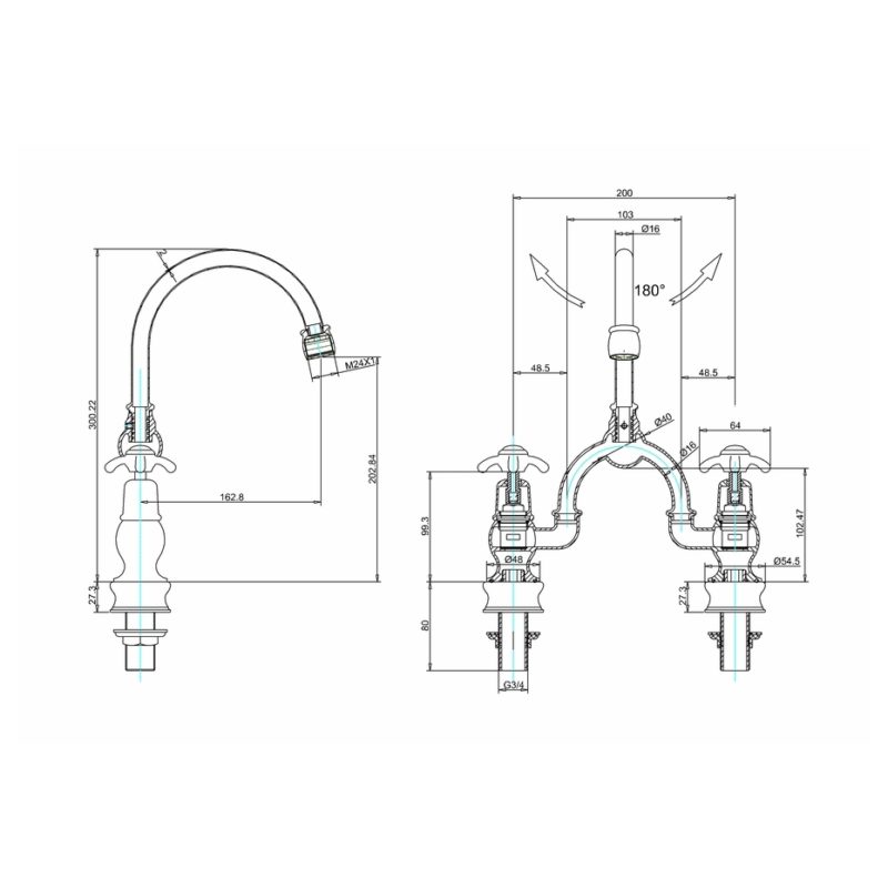 Burlington Anglesey Regent Arch Mixer, Curved Spout, 200mm Centres