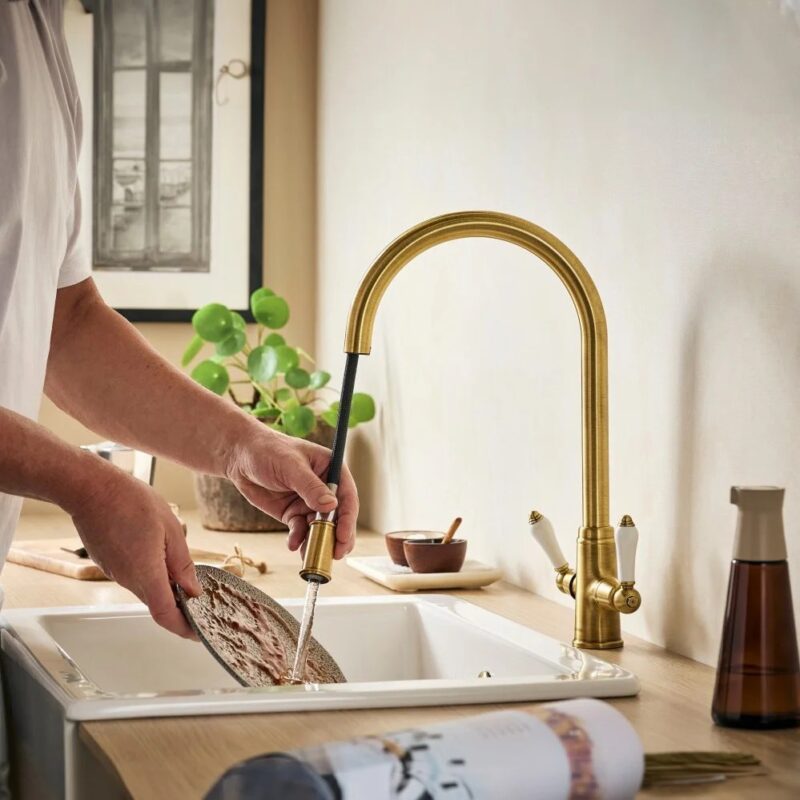 Clearwater Elegance Mono Pull-Out Kitchen Sink Mixer Tap Brushed Brass