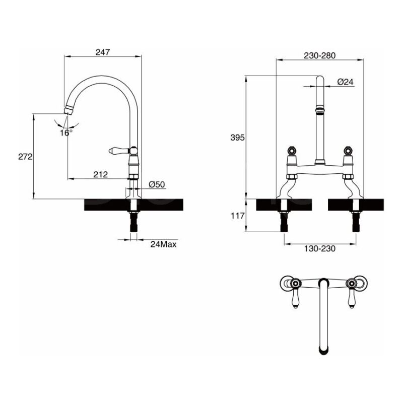 Clearwater Elegance Kitchen Bridge Mixer Tap Chrome, White Levers